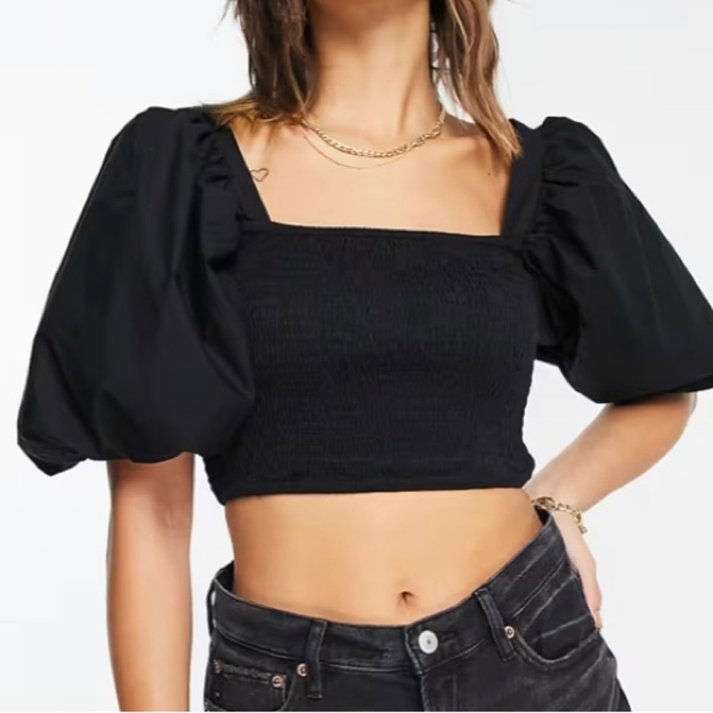 aerie Black Puff-Sleeve Smocked Crop Top XS